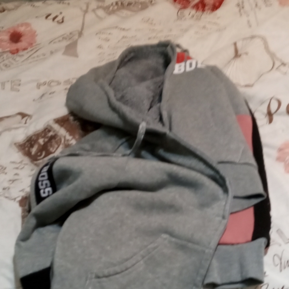 BOSS Gray Hoodie with Red and Black Accents